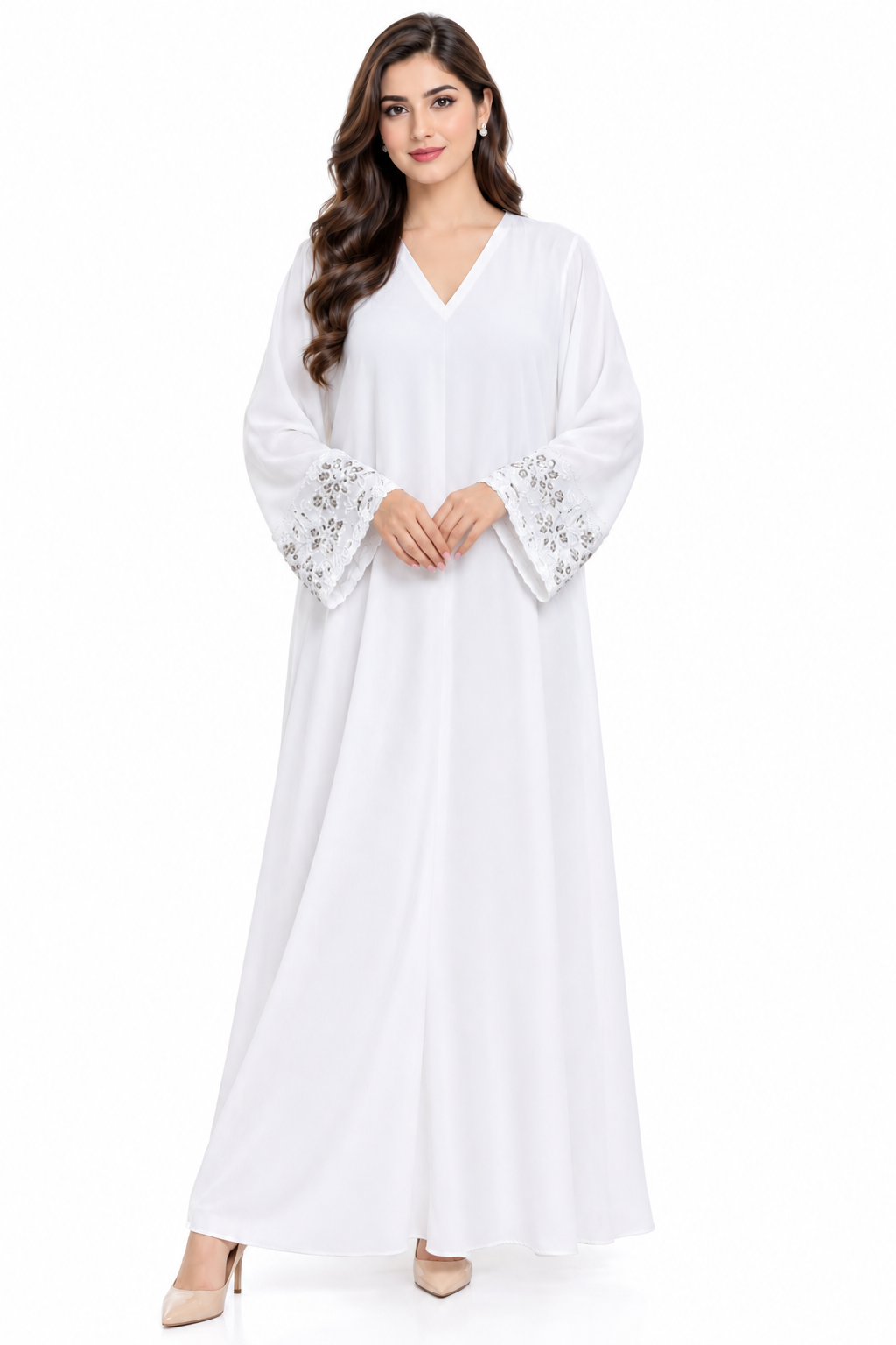 White Abaya with Embellished Sleeves