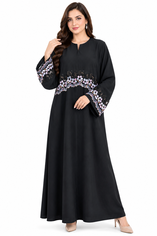 Black Abaya with Floral Embroidered Waistband