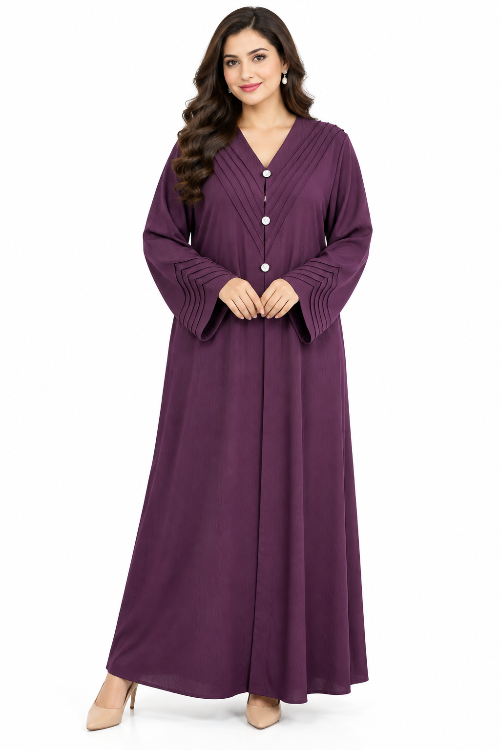 Plum Pintuck Abaya with Pearl Buttons