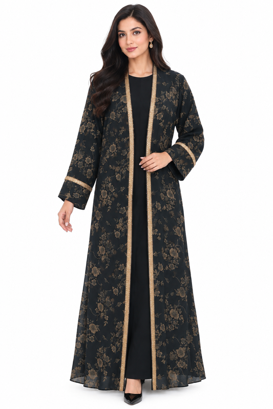 Black and Gold Floral Open-Front Abaya
