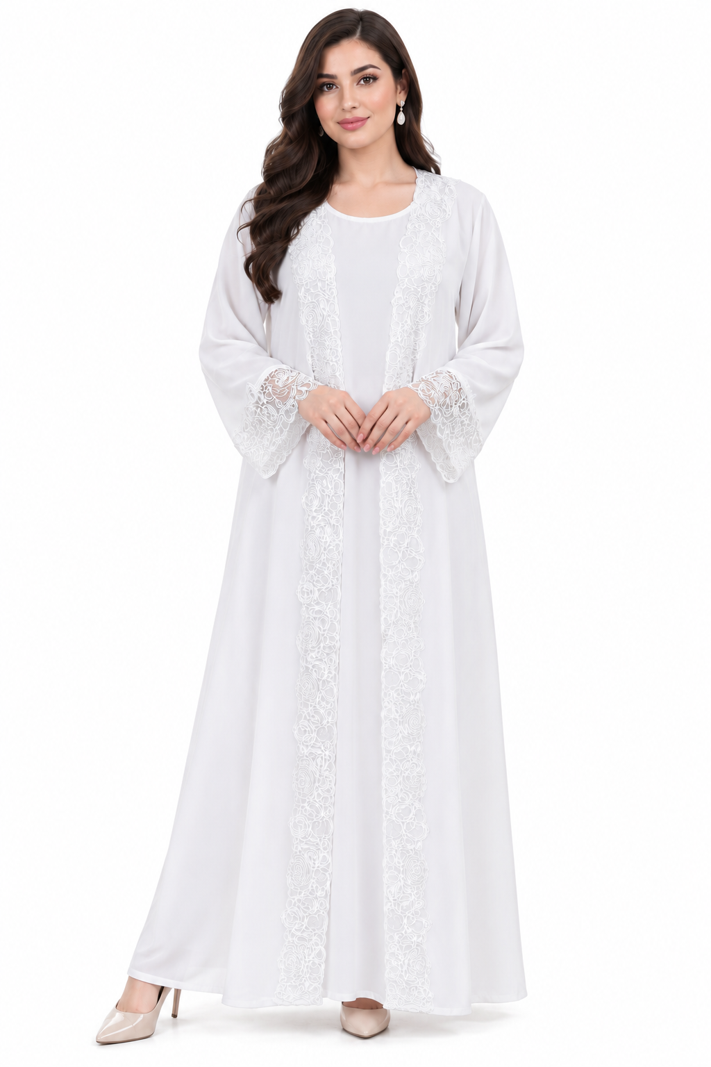 White Lace Open-Front Abaya