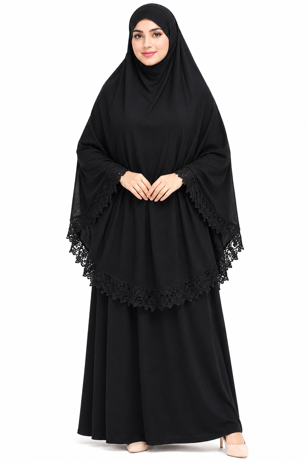 2-Piece Lace Trim Prayer Dress - Black