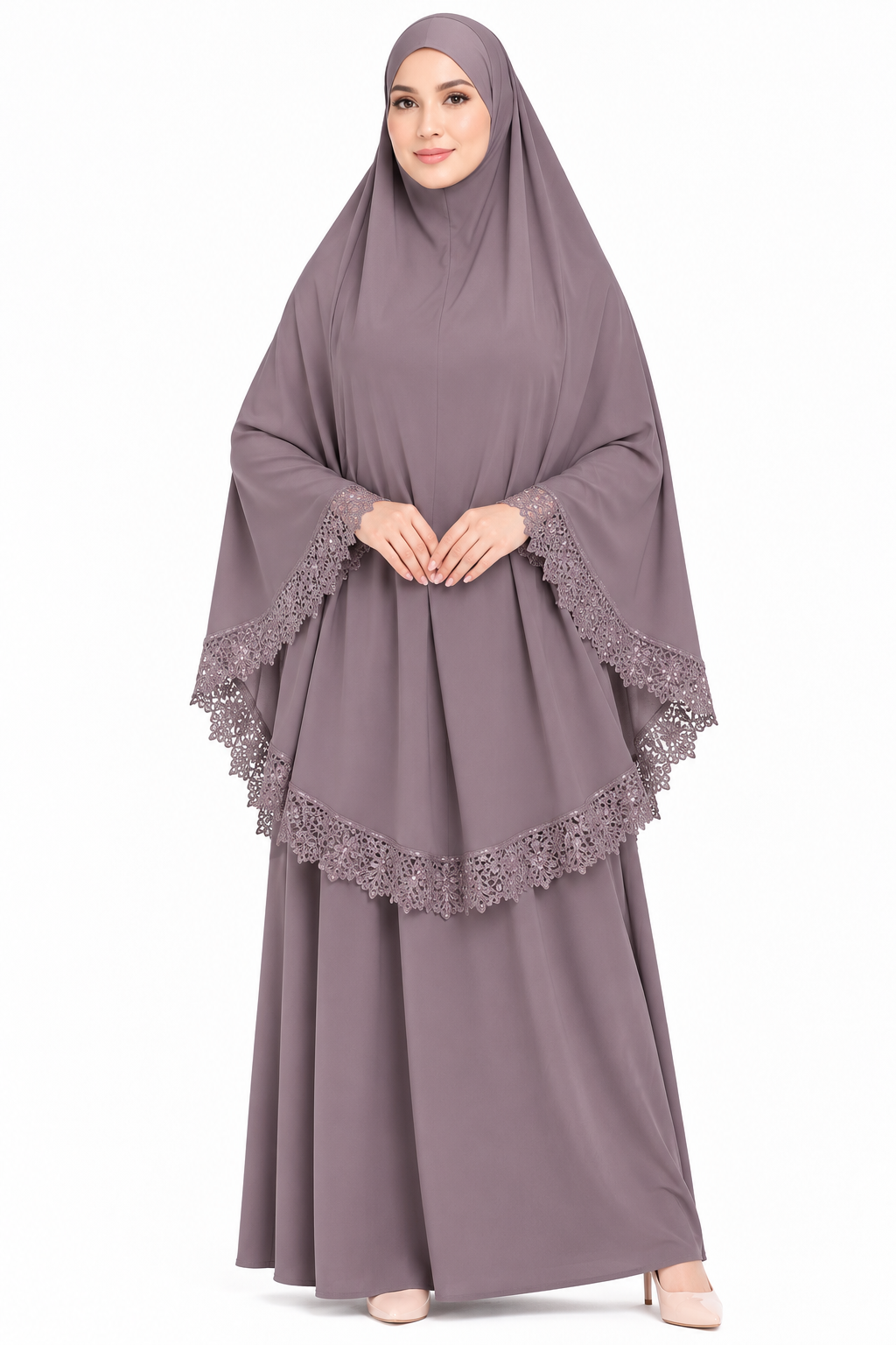 2-Piece Lace Trim Prayer Dress - Faded Violet