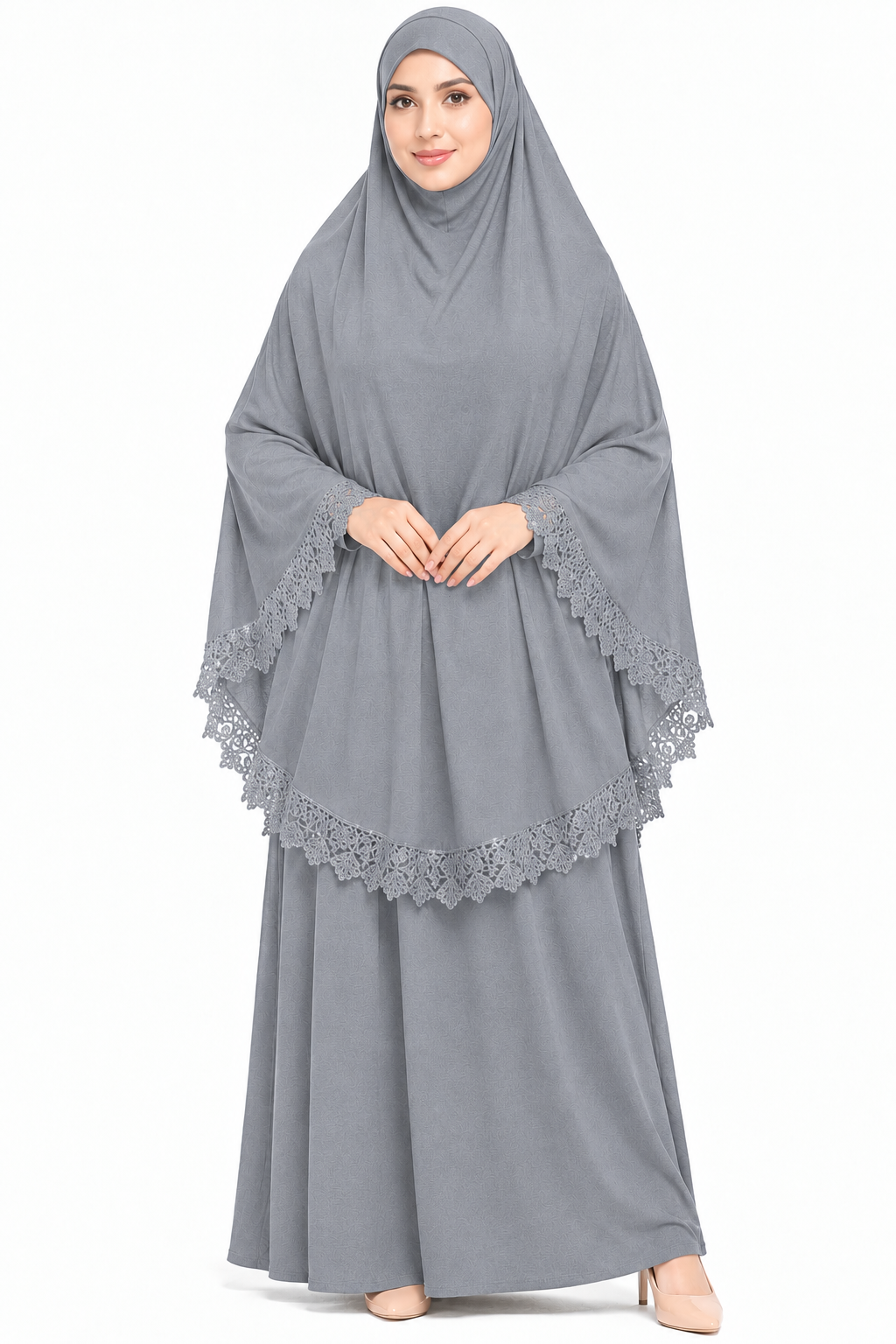 2-Piece Lace Trim Prayer Dress - Grey