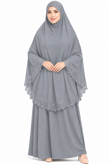 2-Piece Lace Trim Prayer Dress - Grey