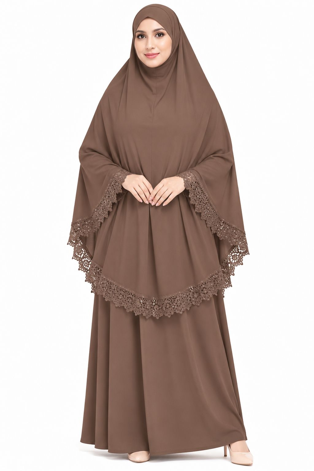 2-Piece Lace Trim Prayer Dress - Coffee Brown