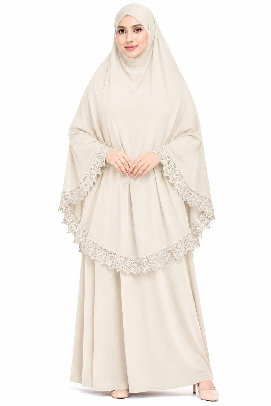2-Piece Lace Trim Prayer Dress - Cream