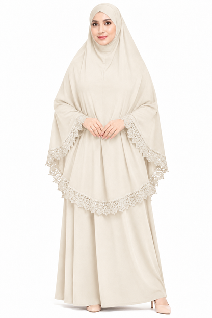 2-Piece Lace Trim Prayer Dress - Cream