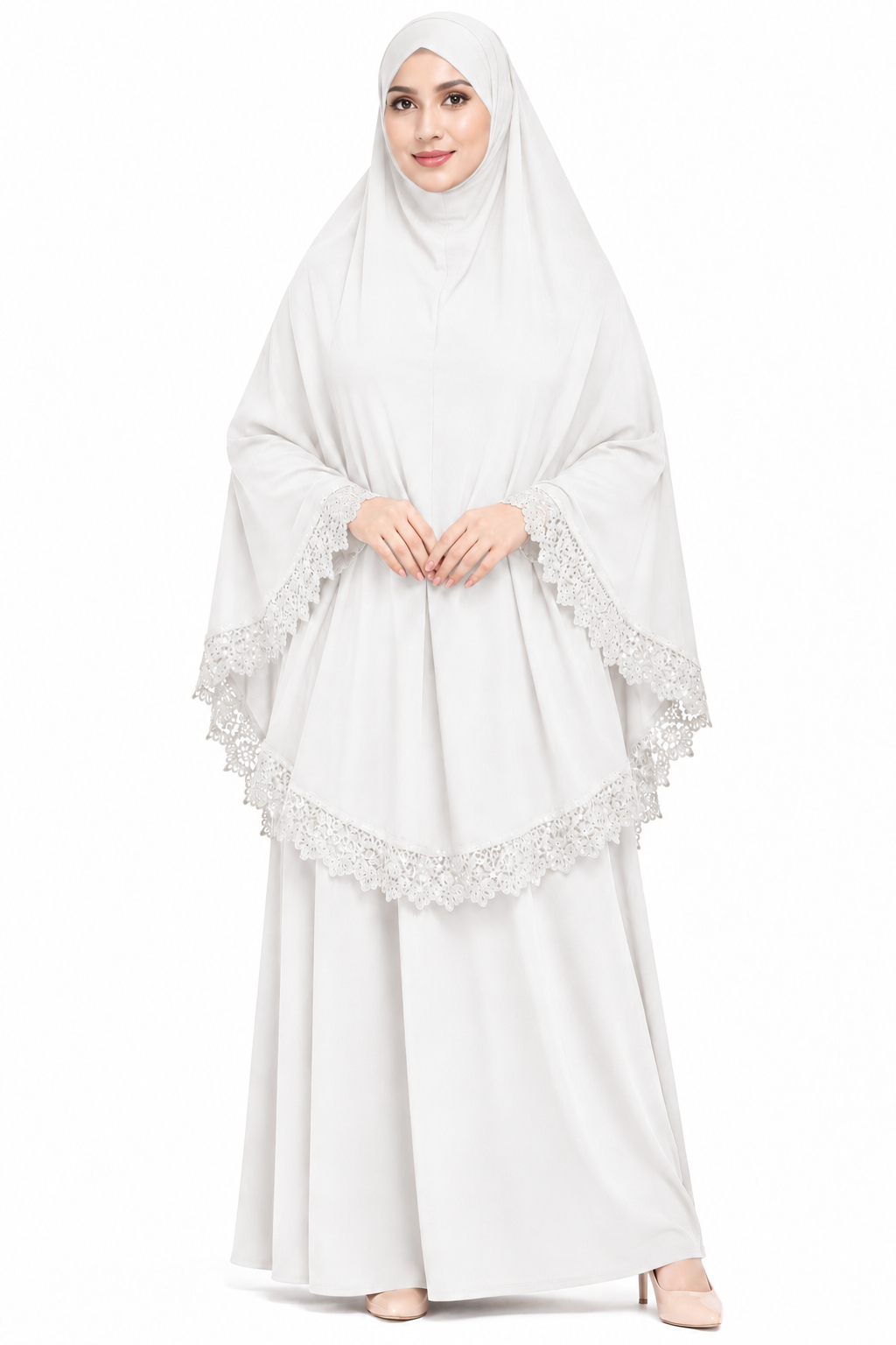 2-Piece Lace Trim Prayer Dress - White