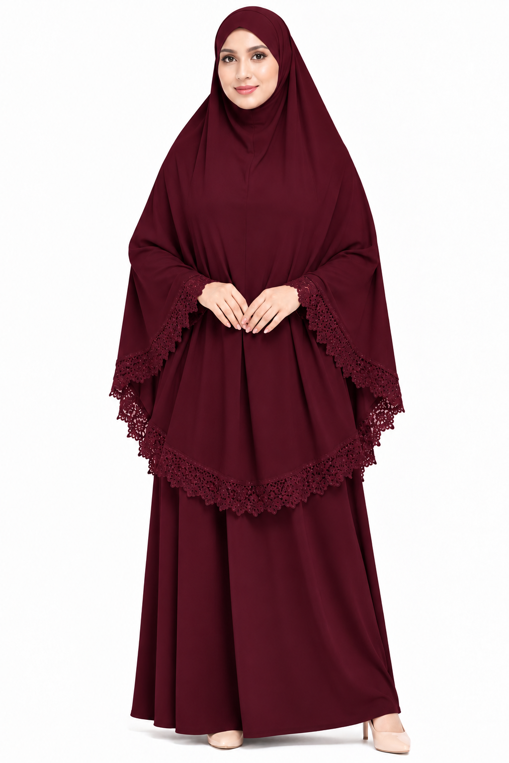 2-Piece Lace Trim Prayer Dress - Maroon