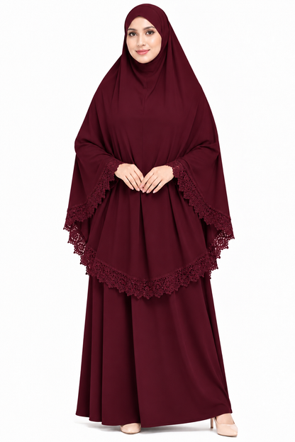 2-Piece Lace Trim Prayer Dress - Maroon