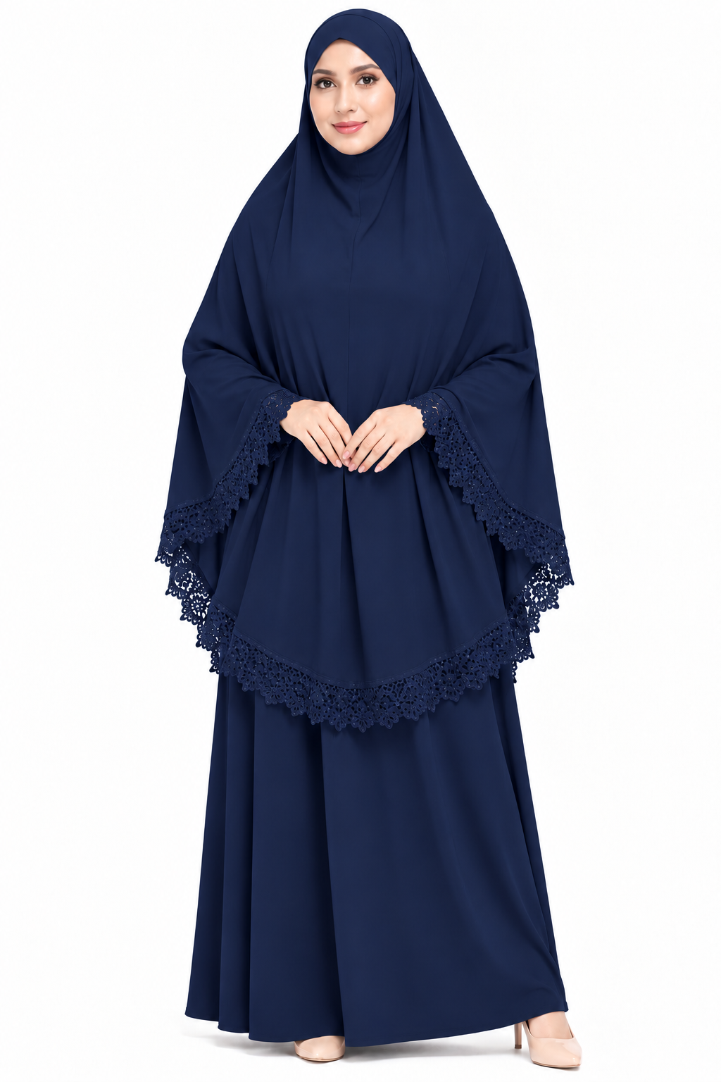 2-Piece Lace Trim Prayer Dress - Navy Blue