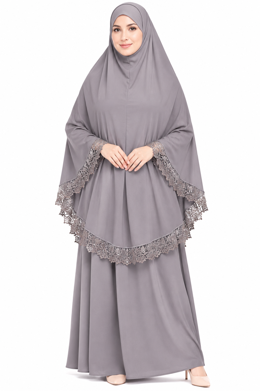 2-Piece Lace Trim Prayer Dress - Silver Grey