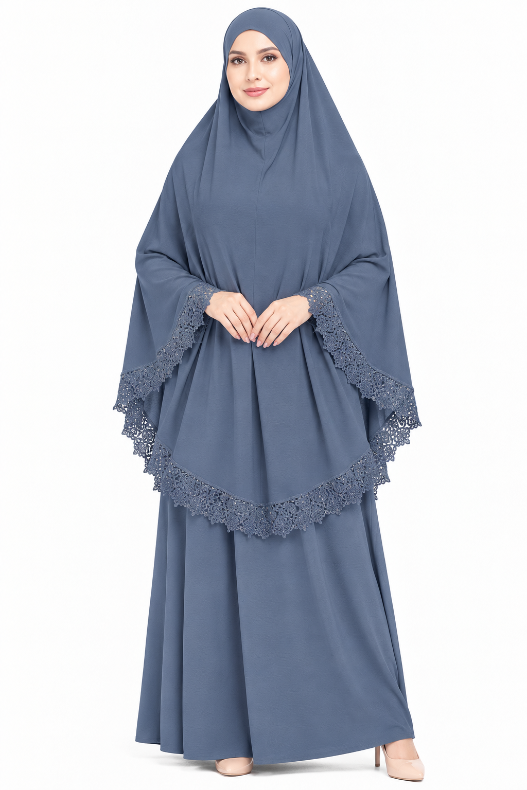 2-Piece Lace Trim Prayer Dress - Slate Blue