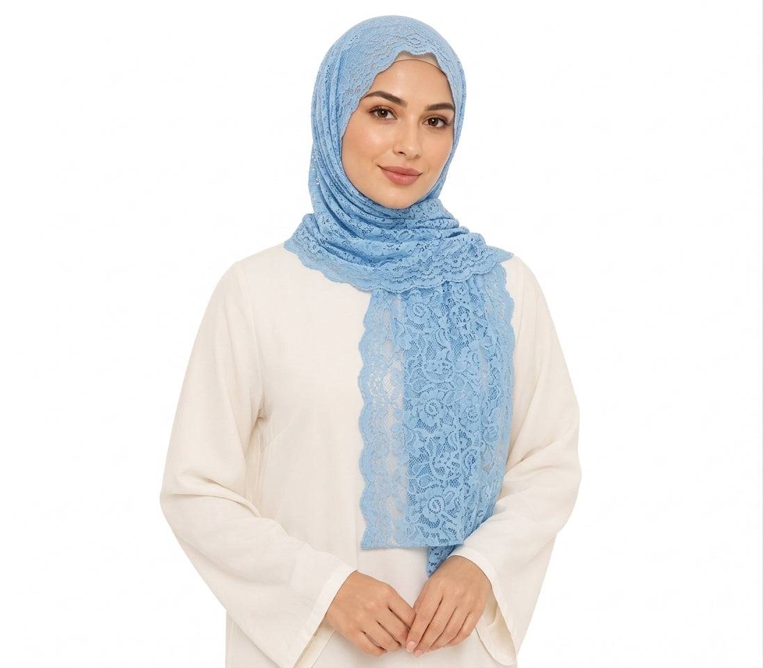 Floral Lace Shailah with Scalloped Edge - Sky Blue
