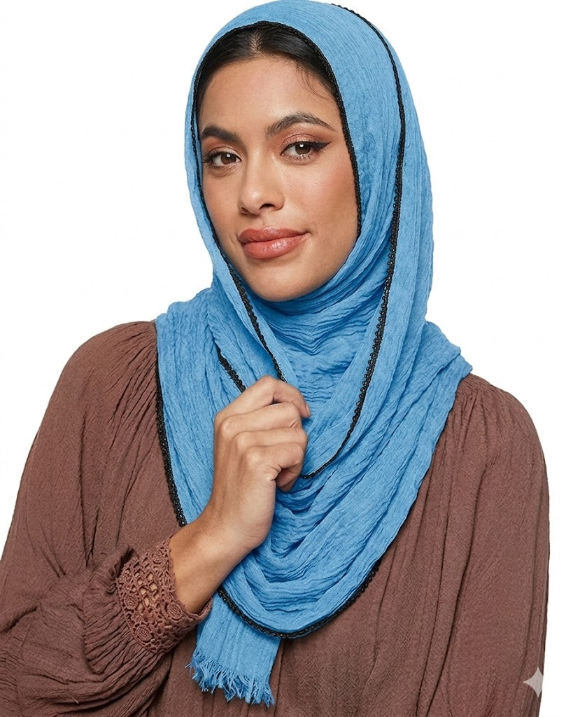 SHADOW Premium Crinkle Cotton Hijab with Black Crochet Lace Border & Fringed Edges