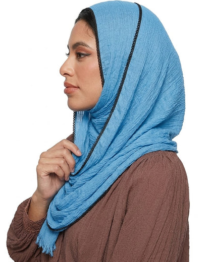SHADOW Premium Crinkle Cotton Hijab with Black Crochet Lace Border & Fringed Edges