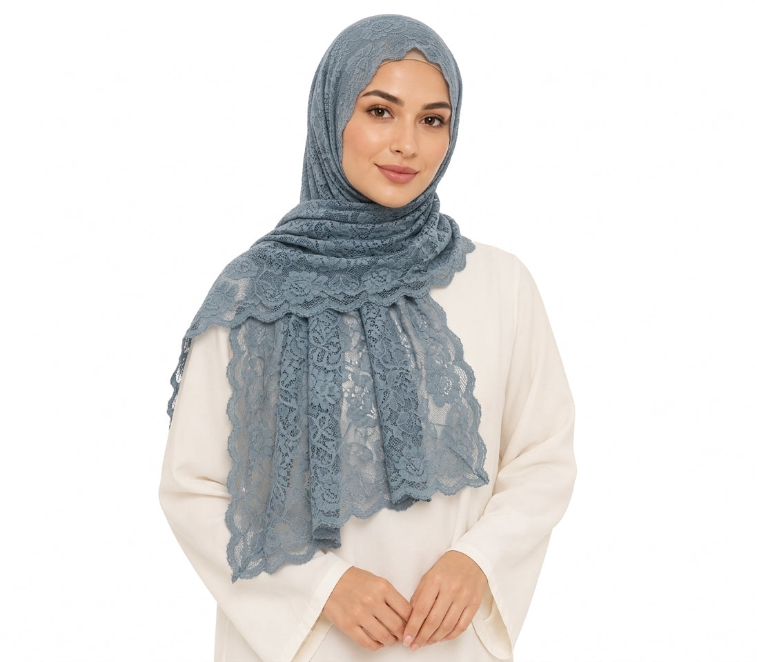 Floral Lace Shailah with Scalloped Edge - Slate Blue