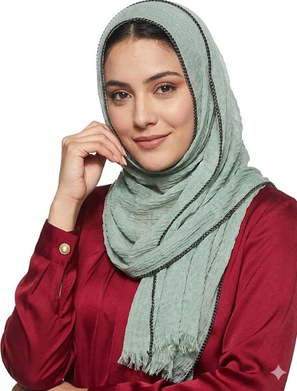SHADOW Premium Crinkle Cotton Hijab with Black Crochet Lace Border & Fringed Edges