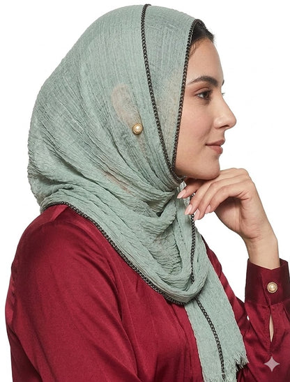 SHADOW Premium Crinkle Cotton Hijab with Black Crochet Lace Border & Fringed Edges