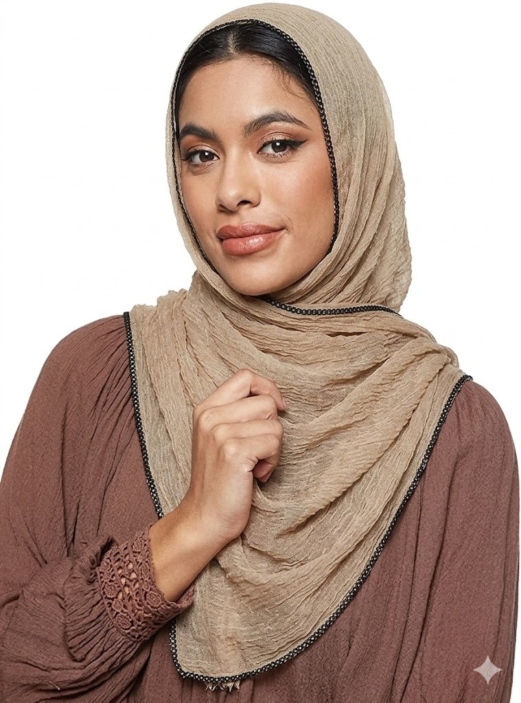 SHADOW Premium Crinkle Cotton Hijab with Black Crochet Lace Border & Fringed Edges