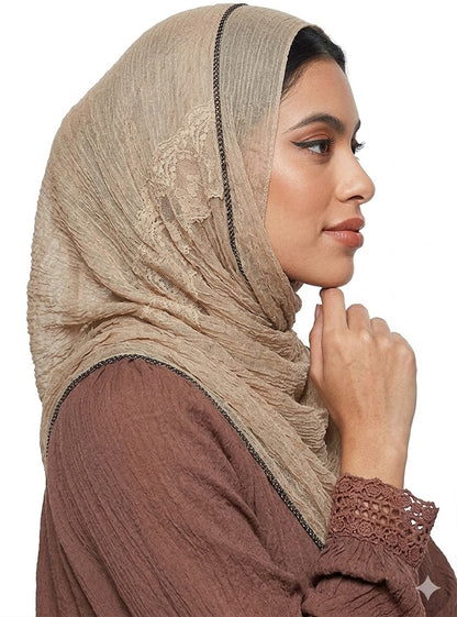 SHADOW Premium Crinkle Cotton Hijab with Black Crochet Lace Border & Fringed Edges