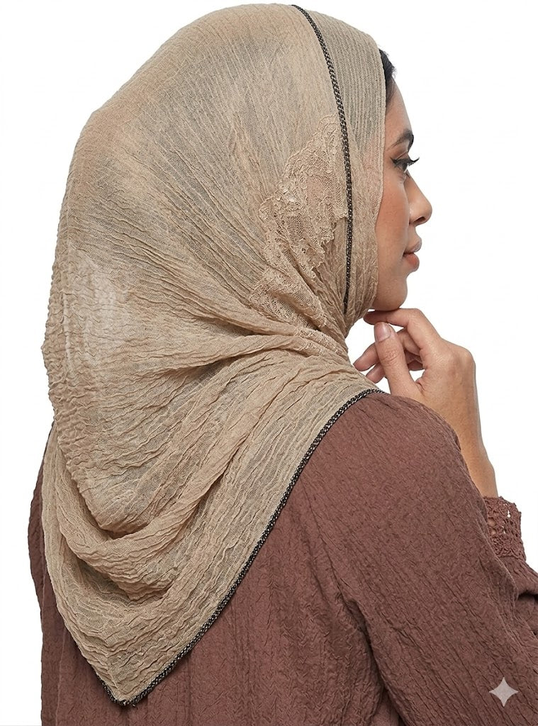 SHADOW Premium Crinkle Cotton Hijab with Black Crochet Lace Border & Fringed Edges