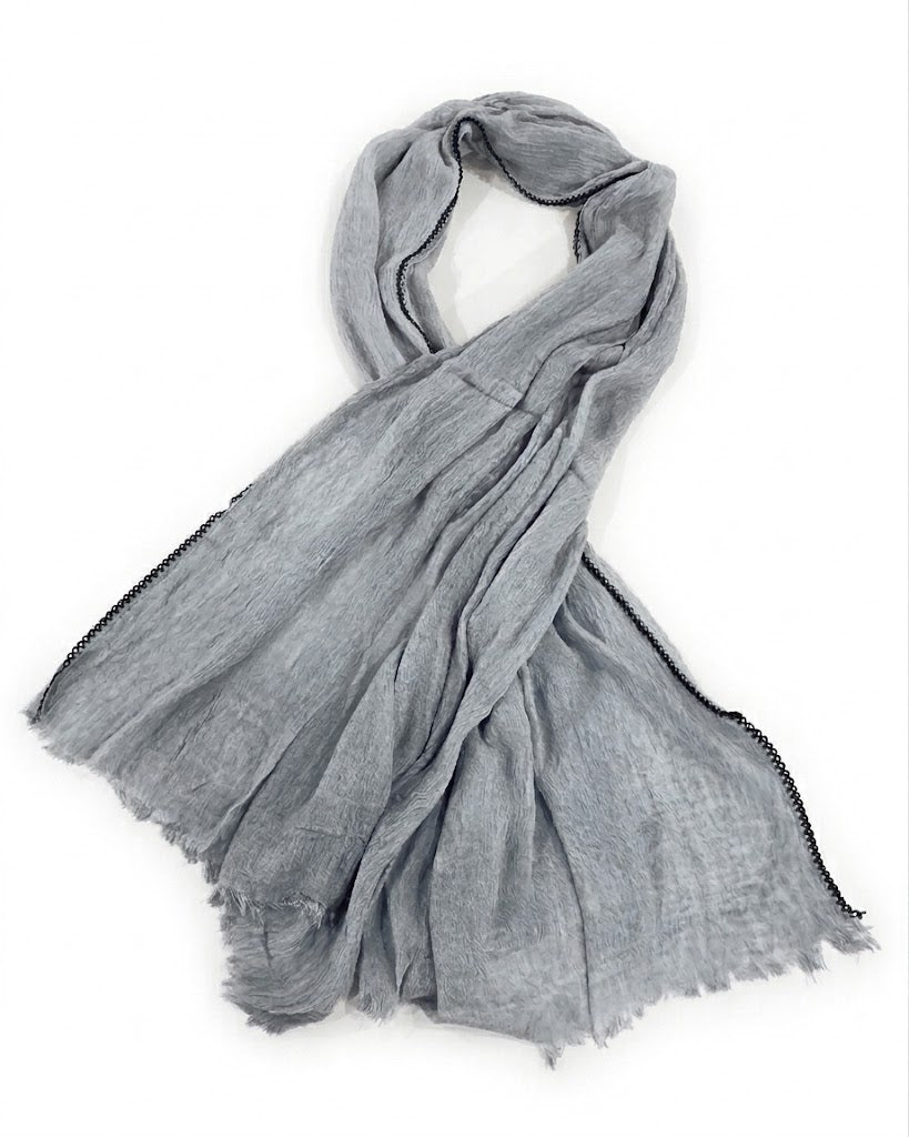 SHADOW Premium Crinkle Cotton Hijab with Black Crochet Lace Border & Fringed Edges