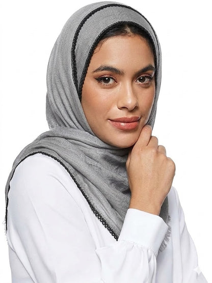 SHADOW Premium Crinkle Cotton Hijab with Black Crochet Lace Border & Fringed Edges