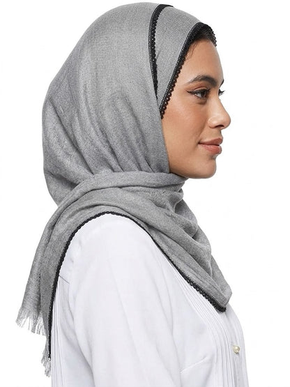 SHADOW Premium Crinkle Cotton Hijab with Black Crochet Lace Border & Fringed Edges