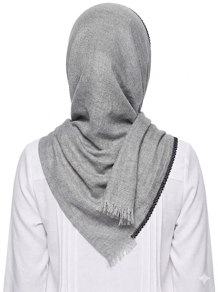 SHADOW Premium Crinkle Cotton Hijab with Black Crochet Lace Border & Fringed Edges