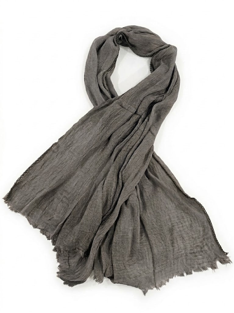 SHADOW Premium Crinkle Cotton Hijab with Black Crochet Lace Border & Fringed Edges