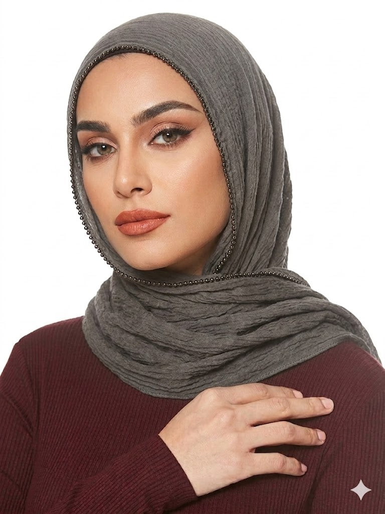 SHADOW Premium Crinkle Cotton Hijab with Black Crochet Lace Border & Fringed Edges