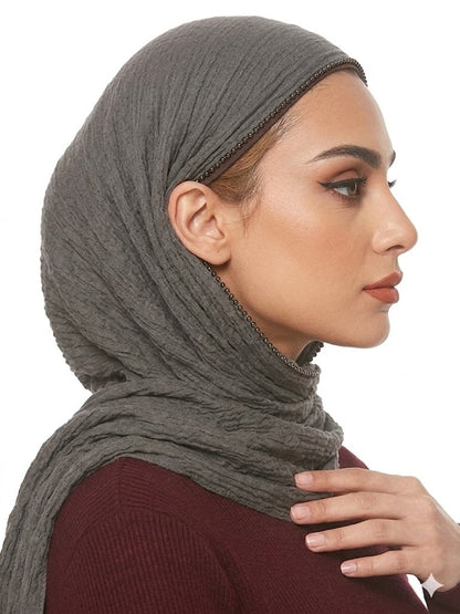 SHADOW Premium Crinkle Cotton Hijab with Black Crochet Lace Border & Fringed Edges