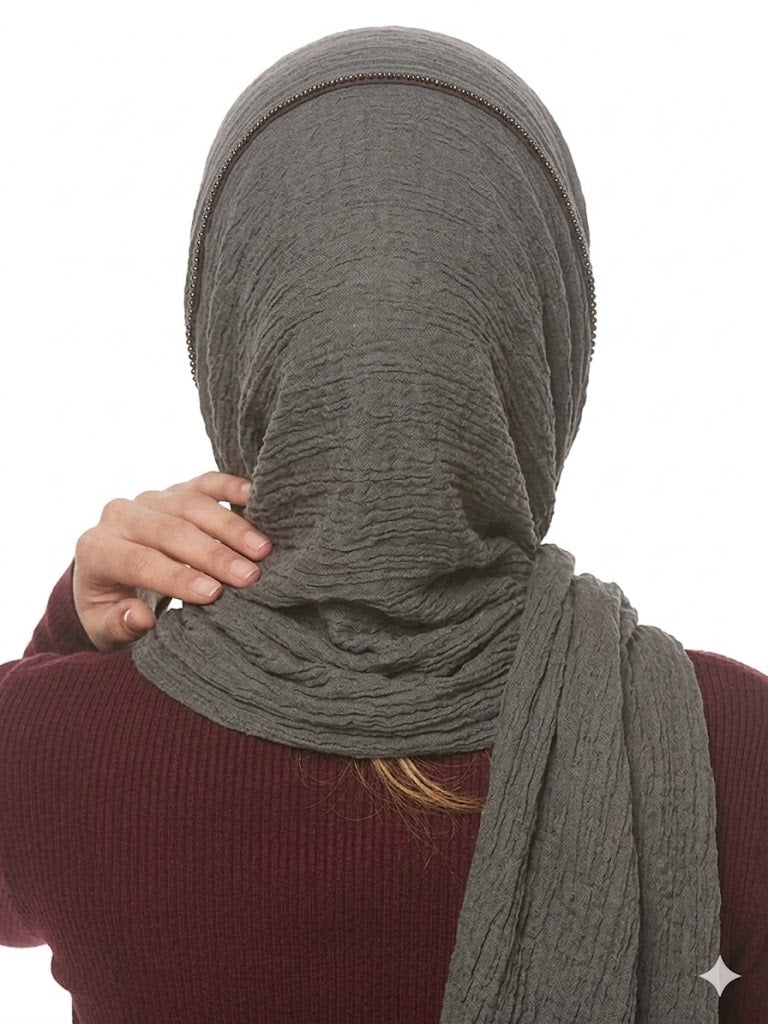 SHADOW Premium Crinkle Cotton Hijab with Black Crochet Lace Border & Fringed Edges