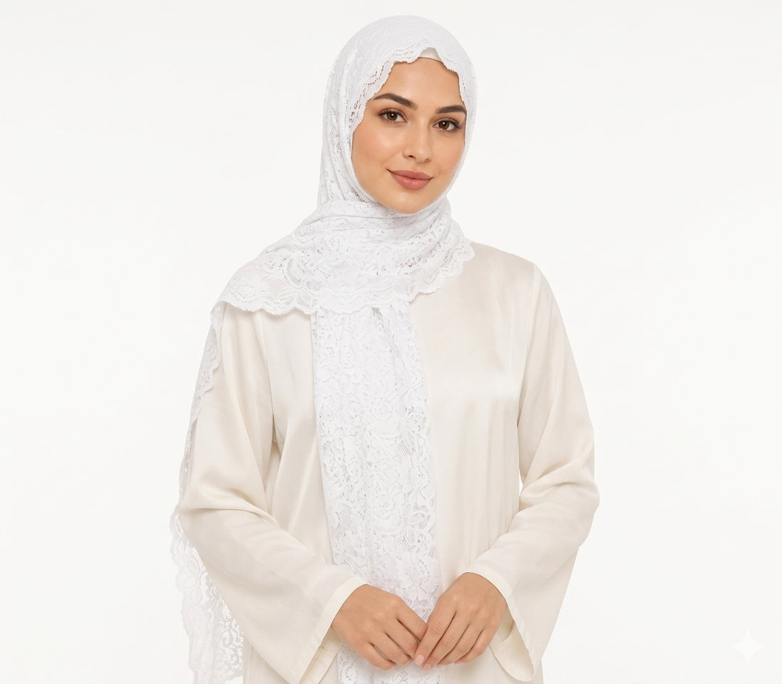 Floral Lace Shailah with Scalloped Edge - White