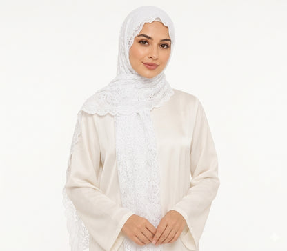 Floral Lace Shailah with Scalloped Edge - White