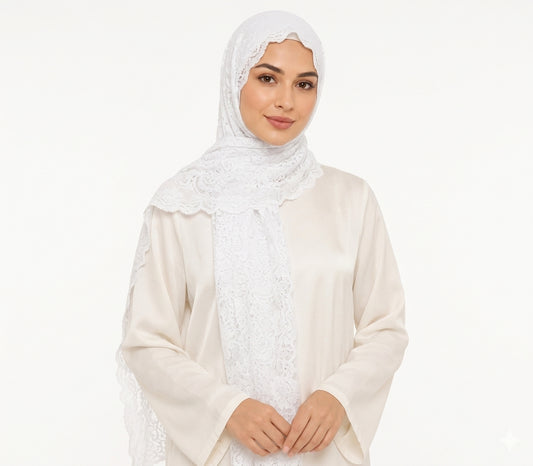 Floral Lace Shailah with Scalloped Edge - White