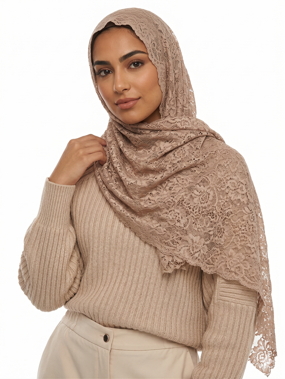 Floral Lace Shailah with Scalloped Edge - Beige Light