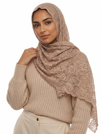 Floral Lace Shailah with Scalloped Edge - Beige Light